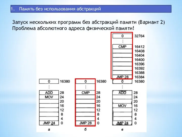 Память без использования абстракций Запуск нескольких программ без абстракций памяти (Вариант 2)