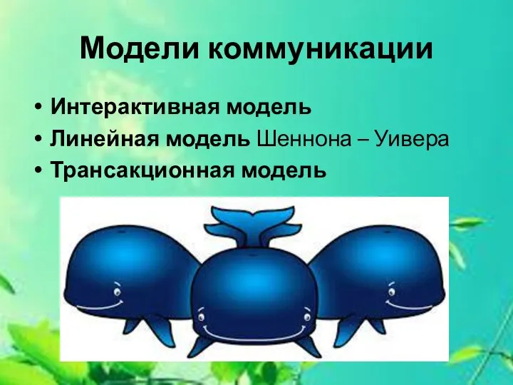 Модели коммуникации Интерактивная модель Линейная модель Шеннона – Уивера Трансакционная модель