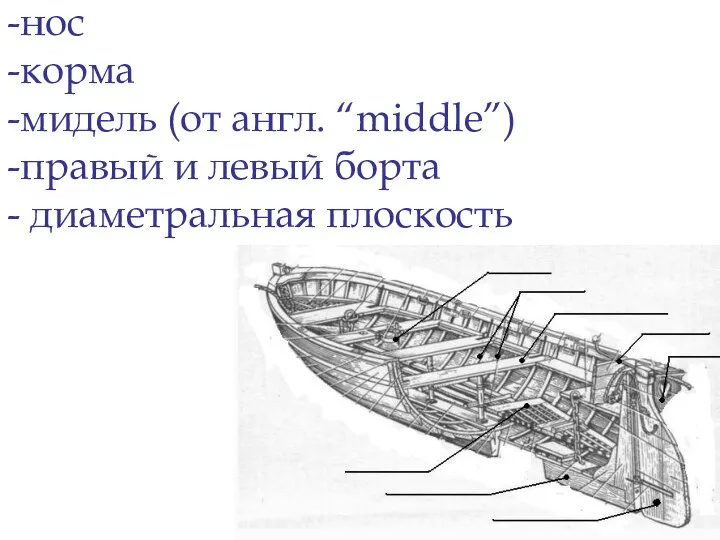 -нос -корма -мидель (от англ. “middle”) -правый и левый борта - диаметральная плоскость