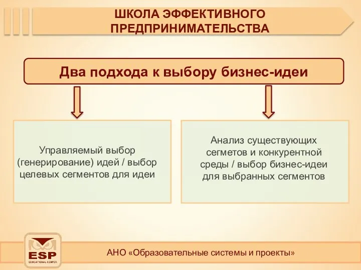 АНО «Образовательные системы и проекты» ШКОЛА ЭФФЕКТИВНОГО ПРЕДПРИНИМАТЕЛЬСТВА Два подхода к выбору