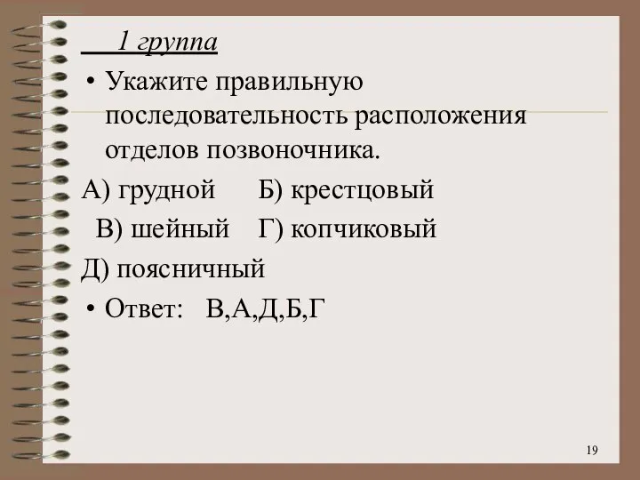 1 группа Укажите правильную последовательность расположения отделов позвоночника. А) грудной Б) крестцовый