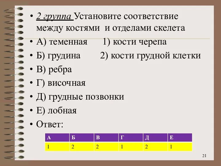 2 группа Установите соответствие между костями и отделами скелета А) теменная 1)