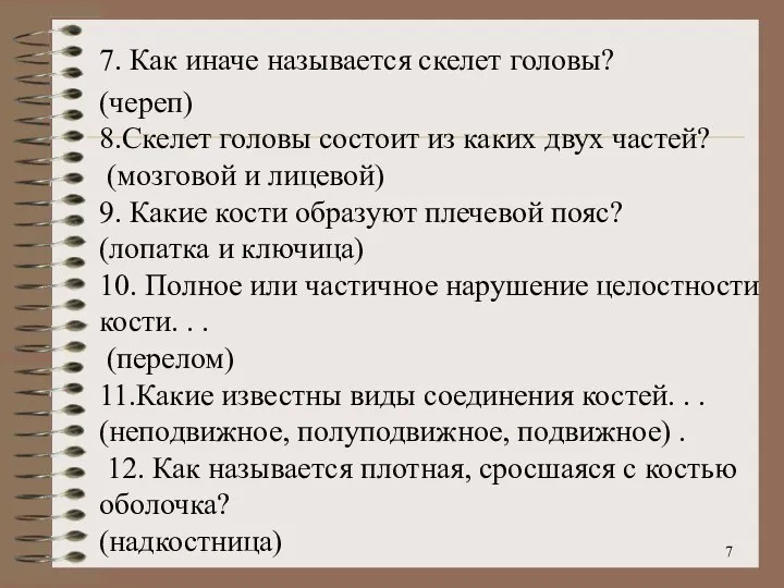 7 7. Как иначе называется скелет головы? (череп) 8.Скелет головы состоит из