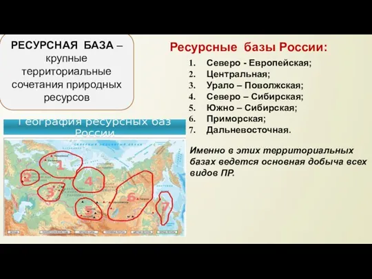 РЕСУРСНАЯ БАЗА – крупные территориальные сочетания природных ресурсов Ресурсные базы России: Северо