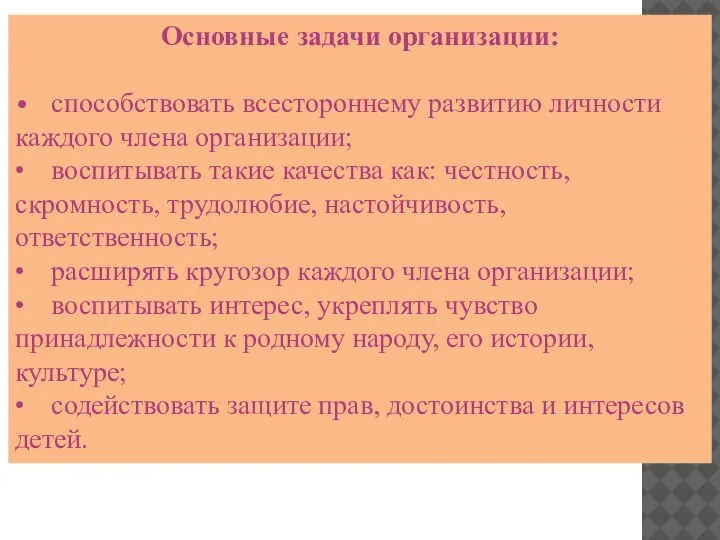 Основные задачи организации: • способствовать всестороннему развитию личности каждого члена организации; •