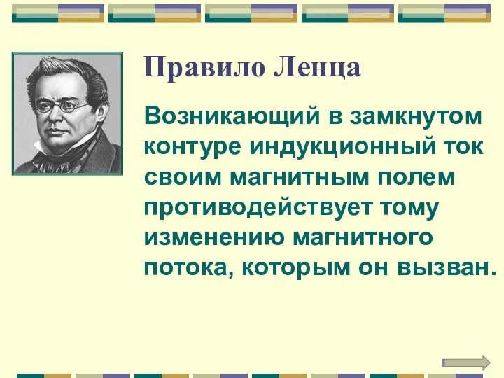 Правило Ленца Возникающий в замкнутом контуре индукционный ток своим магнитным полем противодействует