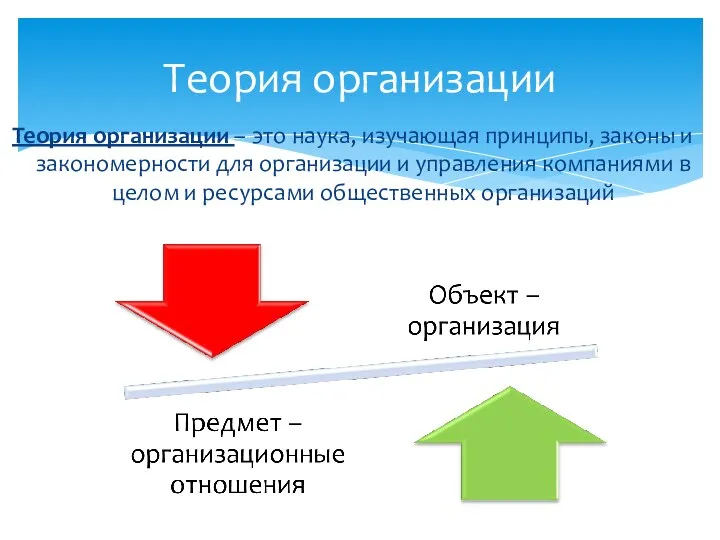 Теория организации – это наука, изучающая принципы, законы и закономерности для организации