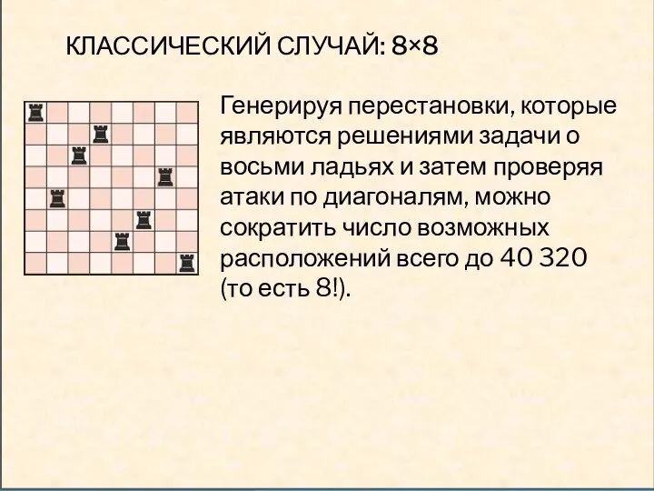 КЛАССИЧЕСКИЙ СЛУЧАЙ: 8×8 Генерируя перестановки, которые являются решениями задачи о восьми ладьях