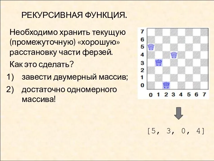 РЕКУРСИВНАЯ ФУНКЦИЯ. Необходимо хранить текущую (промежуточную) «хорошую» расстановку части ферзей. Как это