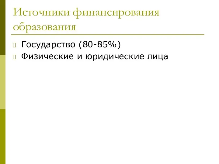 Источники финансирования образования Государство (80-85%) Физические и юридические лица