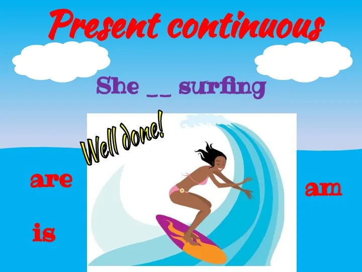 Present continuous is am She __ surfing are Well done!