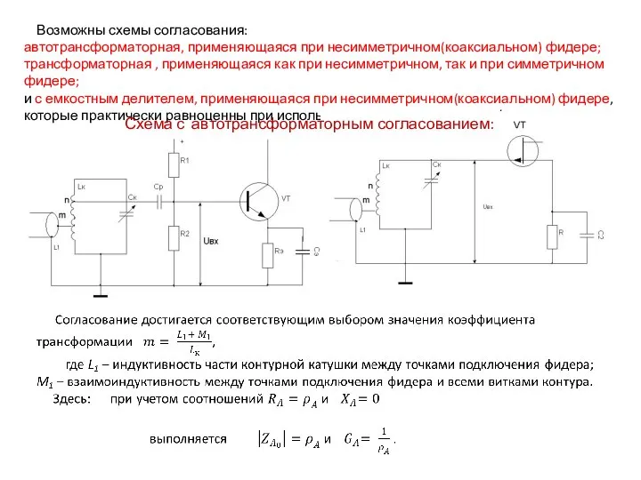 Возможны схемы согласования: автотрансформаторная, применяющаяся при несимметричном(коаксиальном) фидере; трансформаторная , применяющаяся как