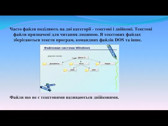 Часто файли поділяють на дві категорії - текстові і двійкові. Текстові файли