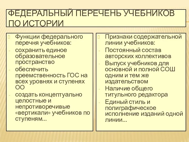 ФЕДЕРАЛЬНЫЙ ПЕРЕЧЕНЬ УЧЕБНИКОВ ПО ИСТОРИИ Функции федерального перечня учебников: сохранить единое образовательное