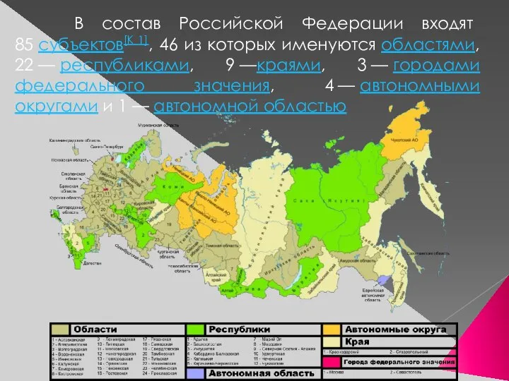 В состав Российской Федерации входят 85 субъектов[К 1], 46 из которых именуются