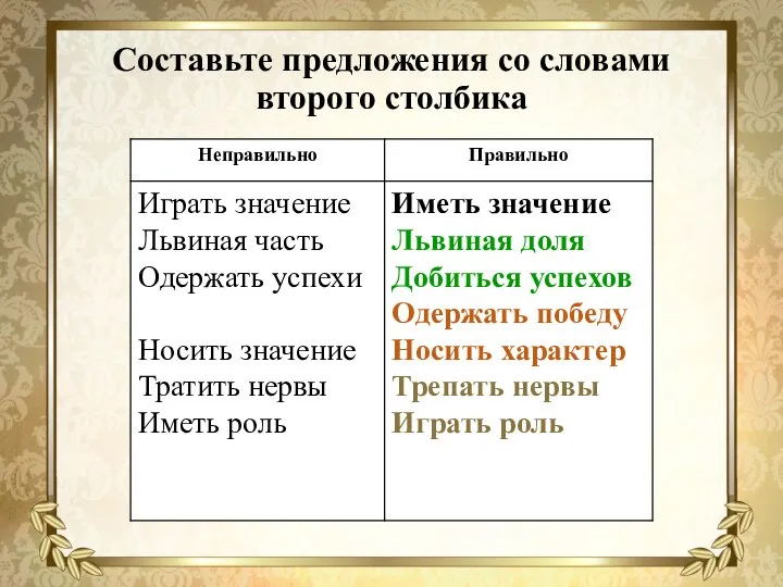 Составьте предложения со словами второго столбика