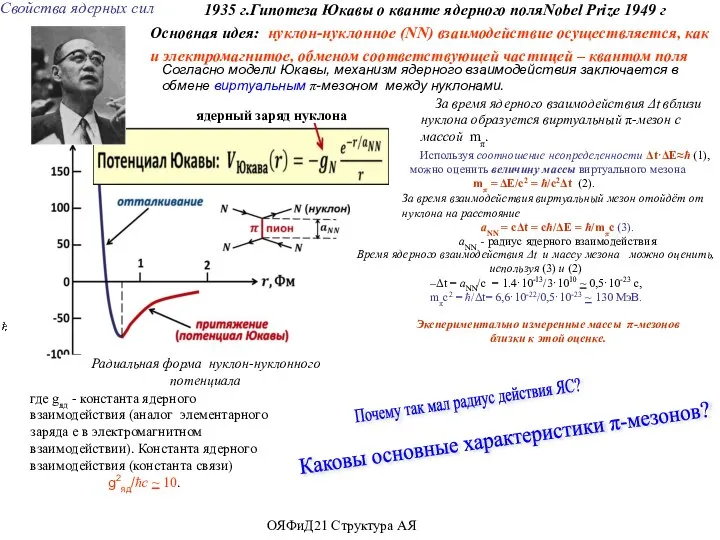 Свойства ядерных сил (обоснуйте ответы) Радиальная форма нуклон-нуклонного потенциала ядерный заряд нуклона