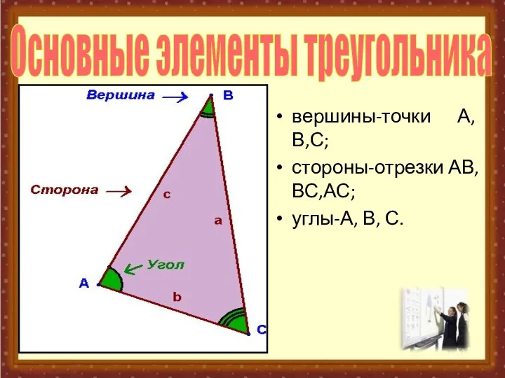 вершины-точки А,В,С; стороны-отрезки АВ,ВС,АС; углы-А, В, С. Основные элементы треугольника