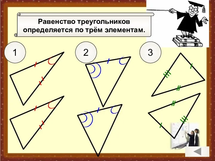 Вспомним признаки равенства треугольников 1 2 3 Равенство треугольников определяется по трём элементам.