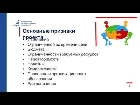 Основные признаки проекта 1 Изменений Ограниченной во времени цели Бюджета Ограниченности требуемых