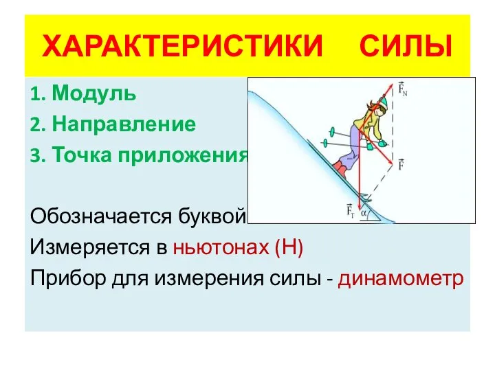 ХАРАКТЕРИСТИКИ СИЛЫ 1. Модуль 2. Направление 3. Точка приложения Обозначается буквой F