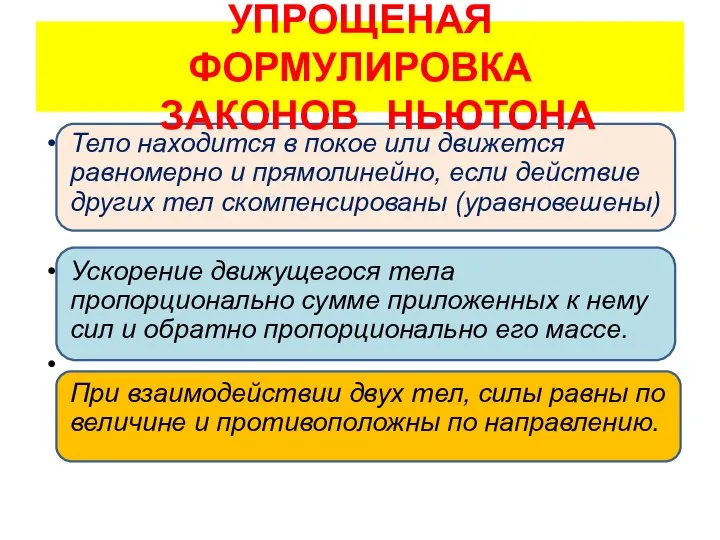 УПРОЩЕНАЯ ФОРМУЛИРОВКА ЗАКОНОВ НЬЮТОНА Тело находится в покое или движется равномерно и