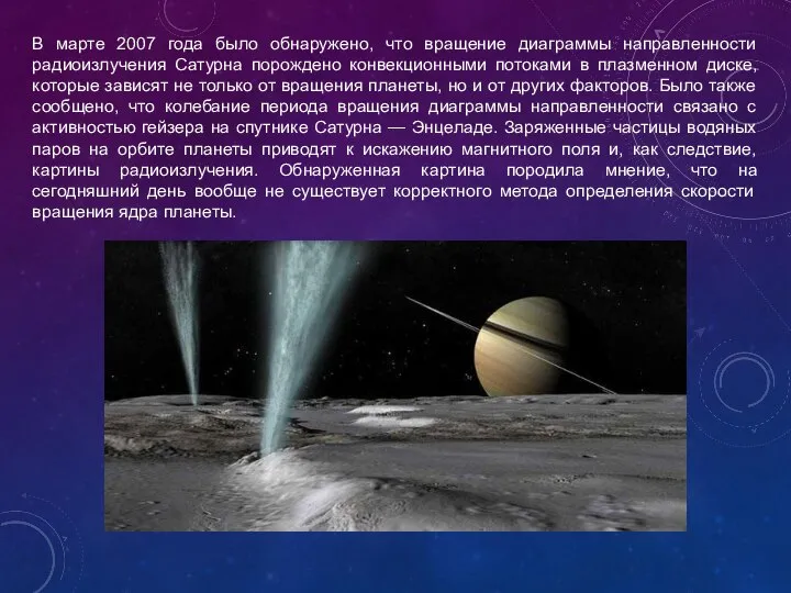 В марте 2007 года было обнаружено, что вращение диаграммы направленности радиоизлучения Сатурна