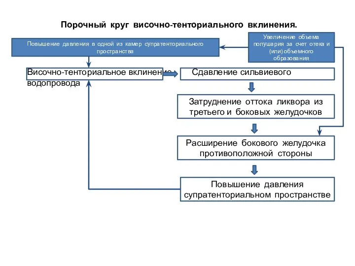 Порочный круг височно-тенториального вклинения. Височно-тенториальное вклинение Сдавление сильвиевого водопровода Затруднение оттока ликвора