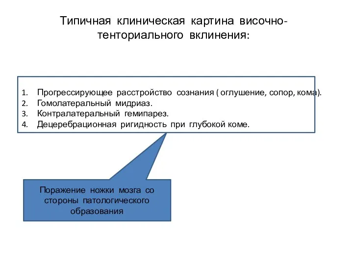 Типичная клиническая картина височно-тенториального вклинения: Прогрессирующее расстройство сознания ( оглушение, сопор, кома).