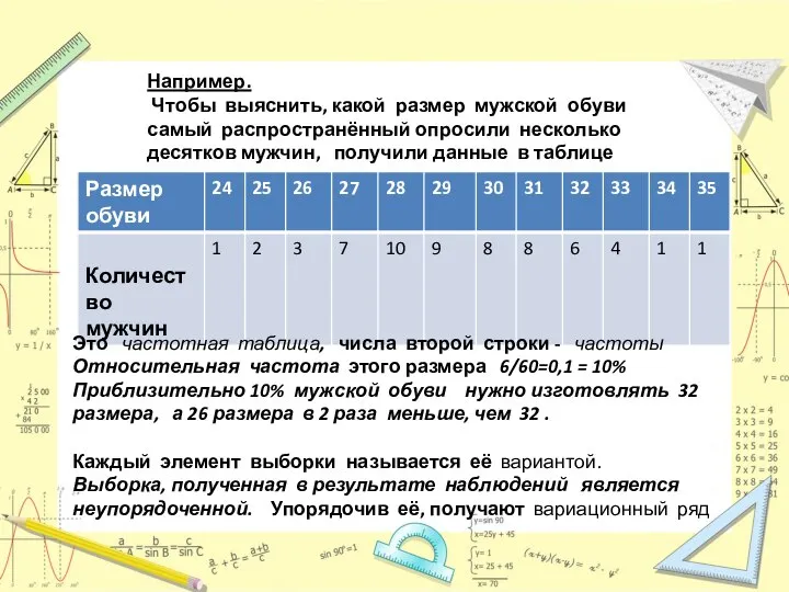 Например. Чтобы выяснить, какой размер мужской обуви самый распространённый опросили несколько десятков