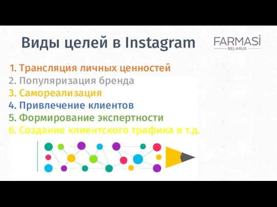 Виды целей в Instagram Трансляция личных ценностей Популяризация бренда Самореализация Привлечение клиентов