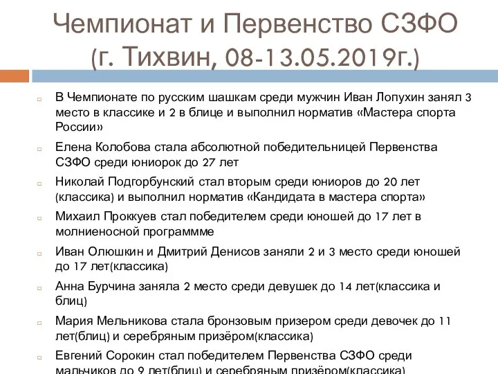 Чемпионат и Первенство СЗФО (г. Тихвин, 08-13.05.2019г.) В Чемпионате по русским шашкам