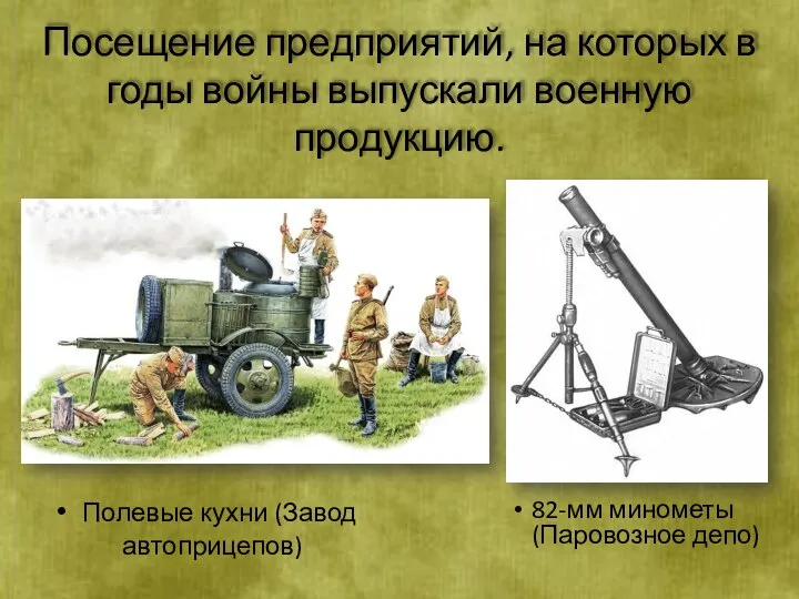 Посещение предприятий, на которых в годы войны выпускали военную продукцию. 82-мм минометы