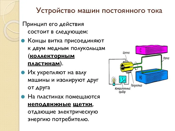 Устройство машин постоянного тока Принцип его действия состоит в следующем: Концы витка