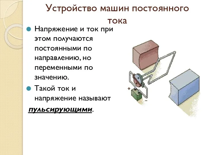 Устройство машин постоянного тока Напряжение и ток при этом получаются постоянными по