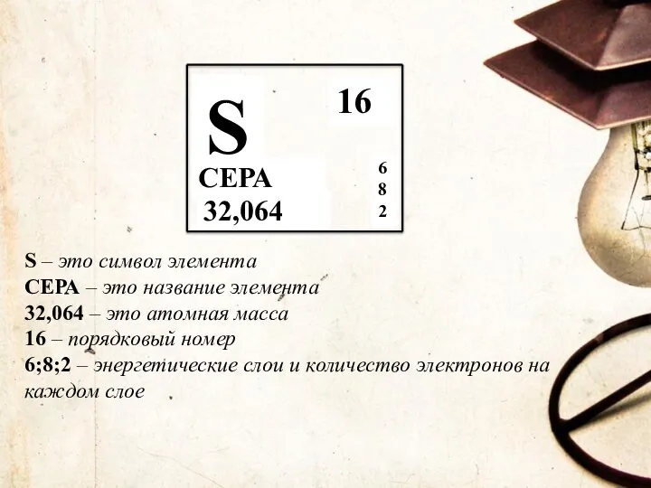 S – это символ элемента СЕРА – это название элемента 32,064 –