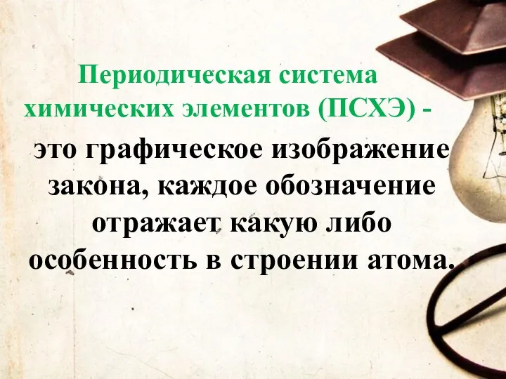 Периодическая система химических элементов (ПСХЭ) - это графическое изображение закона, каждое обозначение