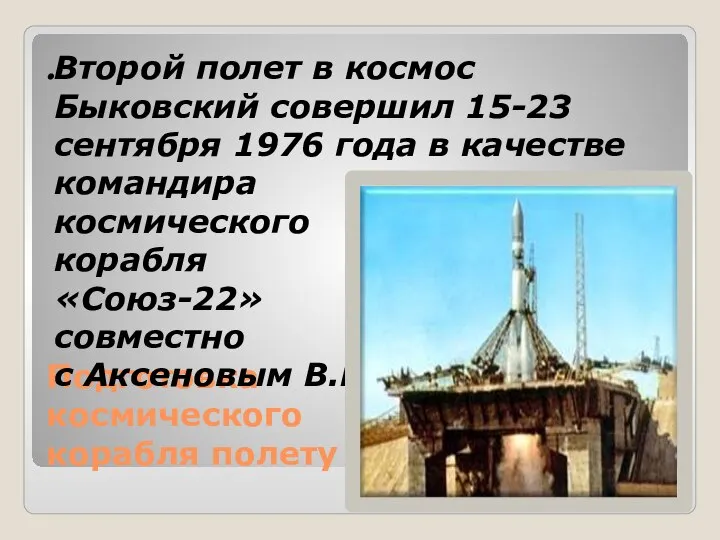 Подготовка космического корабля полету Второй полет в космос Быковский совершил 15-23 сентября