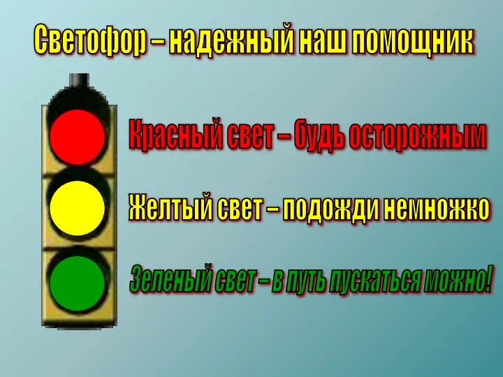 Светофор – надежный наш помощник Красный свет – будь осторожным Желтый свет