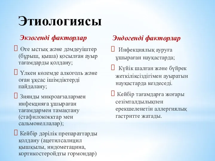 Этиологиясы Өте ыстық және дәмдеуіштер (бұрыш, қыша) қосылған ауыр тағамдарды қолдану; Үлкен