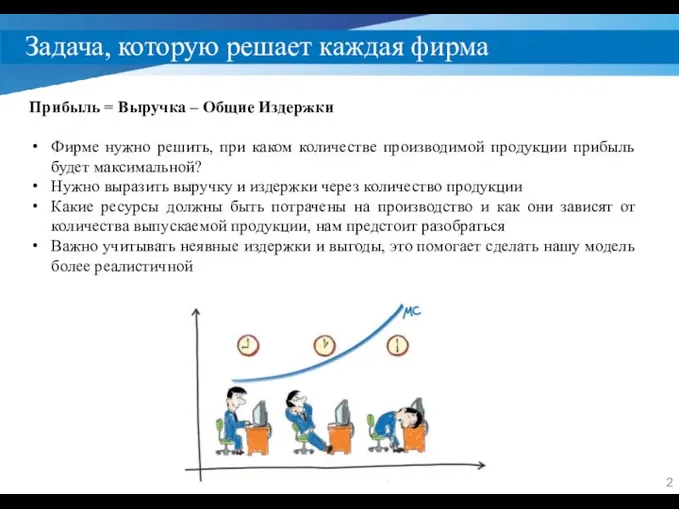 Задача, которую решает каждая фирма Прибыль = Выручка – Общие Издержки Фирме