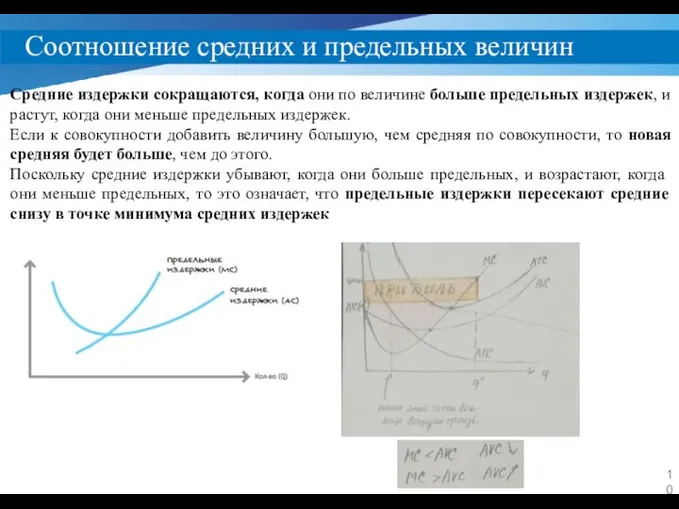 Соотношение средних и предельных величин Средние издержки сокращаются, когда они по величине