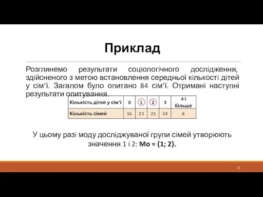 Приклад Розглянемо результати соцiологiчного дослiдження, здiйсненого з метою встановлення середньої кiлькостi дiтей