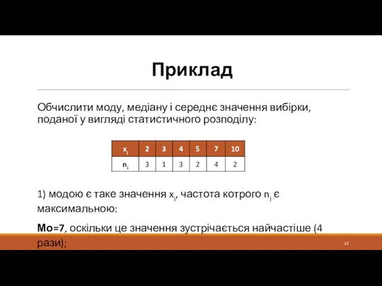 Приклад Обчислити моду, медіану і середнє значення вибірки, поданої у вигляді статистичного