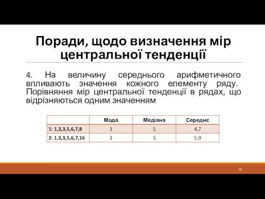 Поради, щодо визначення мір центральної тенденції 4. На величину середнього арифметичного впливають