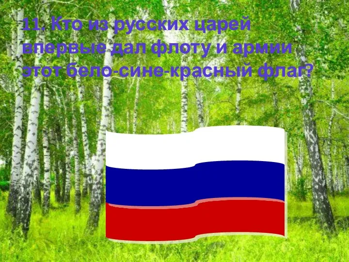 11. Кто из русских царей впервые дал флоту и армии этот бело-сине-красный флаг?