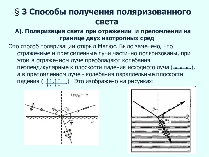 § 3 Способы получения поляризованного света А). Поляризация света при отражении и