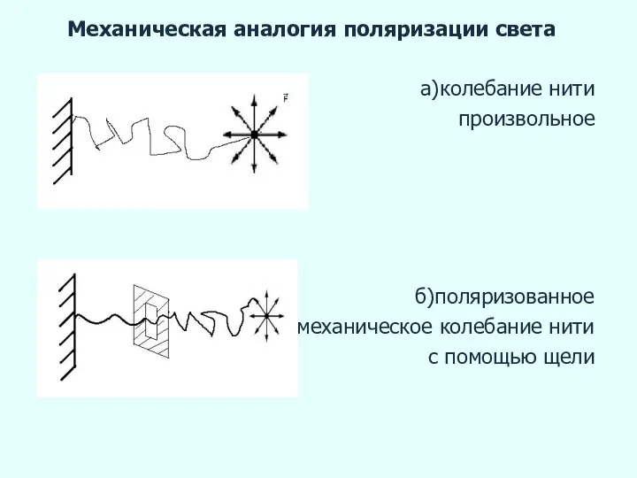 Механическая аналогия поляризации света а)колебание нити произвольное б)поляризованное механическое колебание нити с помощью щели