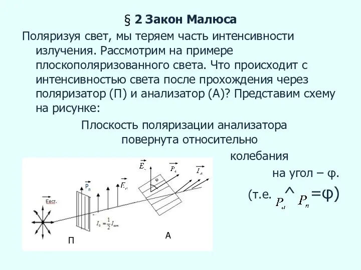 § 2 Закон Малюса Поляризуя свет, мы теряем часть интенсивности излучения. Рассмотрим