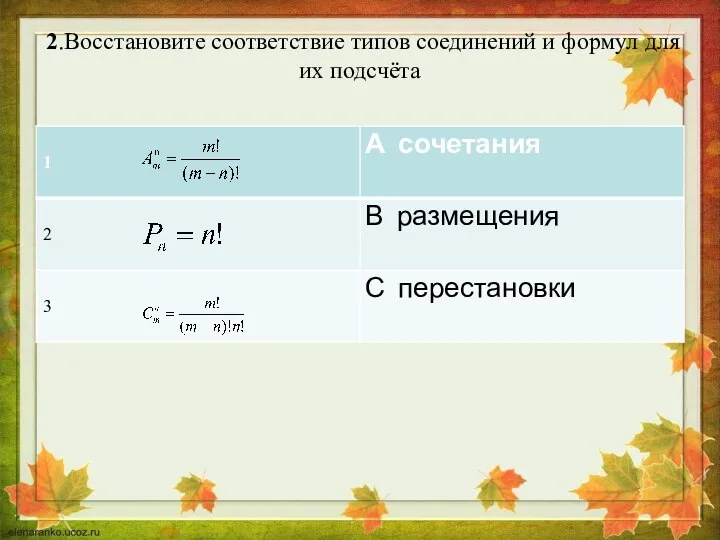 2.Восстановите соответствие типов соединений и формул для их подсчёта